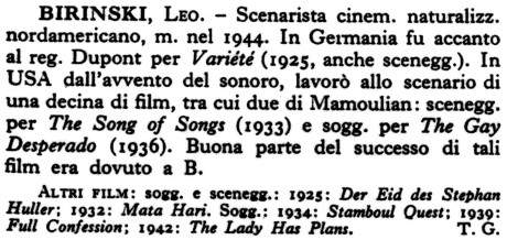 Enciclopedia dello spettacolo, Díl druhý (Bas – Cap); Casa editrice Le Maschere, Roma, 1954; str. 533)
