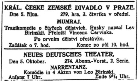 Program divadel; in: Pražské noviny, 233. ročník, č. 273 [5. říjen 1912], Praha; str. 7.