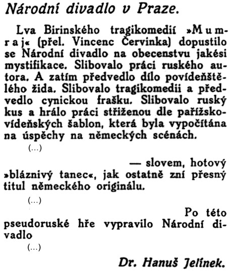 Jelínek Hanuš: Národní divadlo v Praze; in: Divadlo, revue pro otázky divadelní, Ročník XI. [1912 – 1913], č. 1 [15. říjen 1912], Bohuslav Kavka, Praha – II.; str. 31.