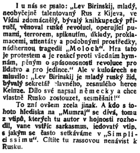 -ež-: Divadlo a hudba. „Mumraj“.; in: Čech, 37. ročník, č. 271 [3. říjen 1912], Praha; str. 5.