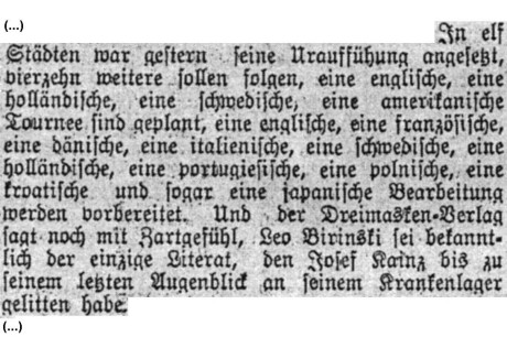 W: „Narrentanz.“; in: Bohemia, 85. ročník, č. 269 [29. září 1912], Praha; str. 12.