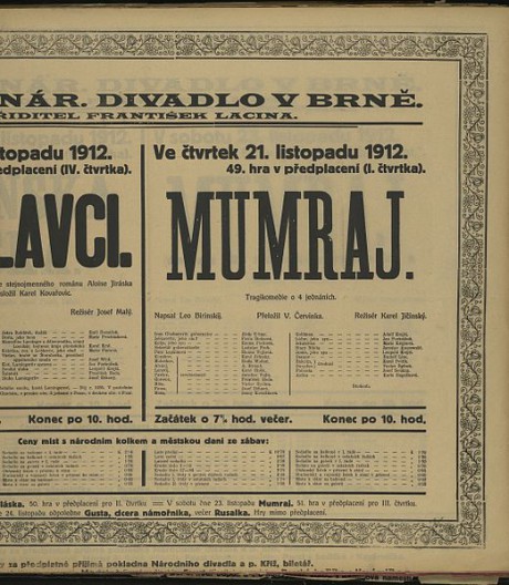  Divadelní cedule k premiéře Mumraje v Brně (1912). Repro Archiv města Brna