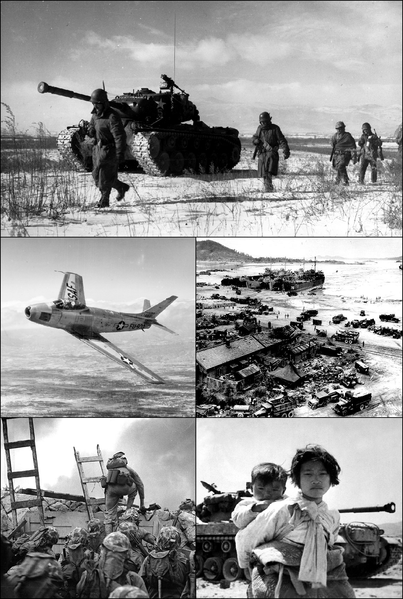 Montage of images from the Korean War. Clockwise from top: U.S. Marines retreating during the Battle of the Chosin Resevoir, U.N. landing at Incheon, Korean refugees in front of an American M-26 tank, U.S. Marines, led by First Lieutenant Baldomero Lopez, landing at Incheon, and an American F-86 Sabre fighter jet. Between circa 1950 and circa 1953. FOTO archiv US Governement