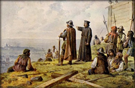 Josef Mathauser - Jan Žižka s knězem Václavem Korandou roku 1420 hledí s Vítkova na Prahu. Repro Wikipedie