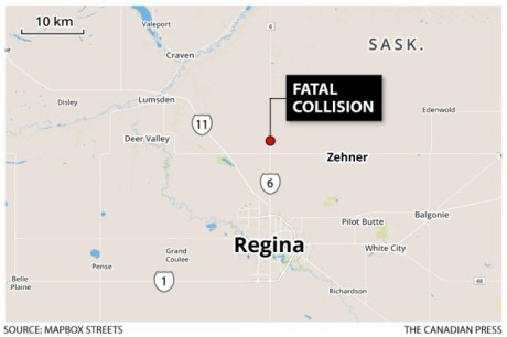 The accident happened around 10 a.m. CST Tuesday, about 15 kilometres north of Regina. Repro Canadian Press/Mapbox Streets