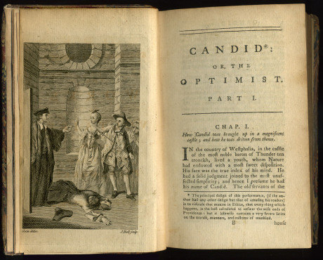 Frontispis a první stránka Kapitoly 1 raného anlgikého vydání Candida v překladu T. Smolletta vydaného Johnem Newberym v roce 1762. Repro archiv