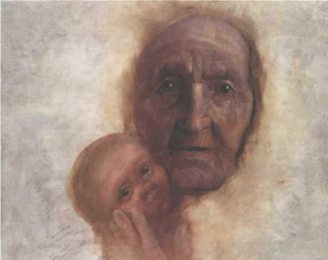 Jiří Anderle: Appasionata Humana (Stařena a dítě), olej na plátně /115 x 140 cm/, 1990. Repro archiv Jiřího Anderleho