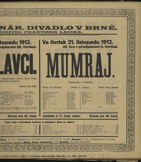 Divadelní cedule k premiéře Mumraje v Brně (1912). Repro Archiv města Brna