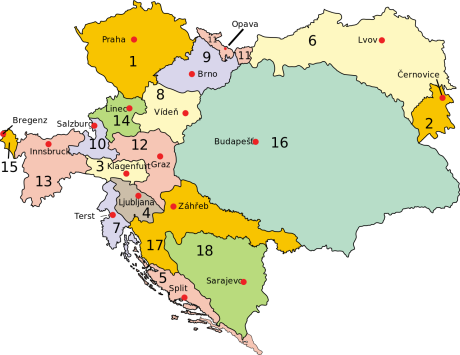 Rakousko-Uhersko roku 1914: Předlitavsko: 1. Čechy, 2. Bukovina, 3. Korutany, 4. Kraňsko, 5. Dalmácie, 6. Halič, 7. Rakouské přímoří, 8. Dolní Rakousy, 9. Morava, 10. Salcbursko, 11. Slezsko, 12. Štýrsko, 13. Tyrolsko, 14. Horní Rakousy, 15. Vorarlbersko; Zalitavsko: 16. Uhersko, 17. Chorvatsko-Slavonsko; 18. Bosna a Hercegovina; s vyznačením zemí Koruny české (1, 9, 11). Repro archiv