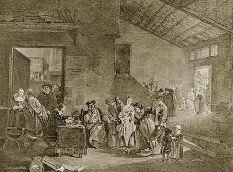 Soudce aneb Rozbitý džbán - mědirytina z r. 1780 Jeana Jacques Le Veau (1729-1785) podle obrazu Philibert-Louis Debucourta  (1755-1832). Repro archiv